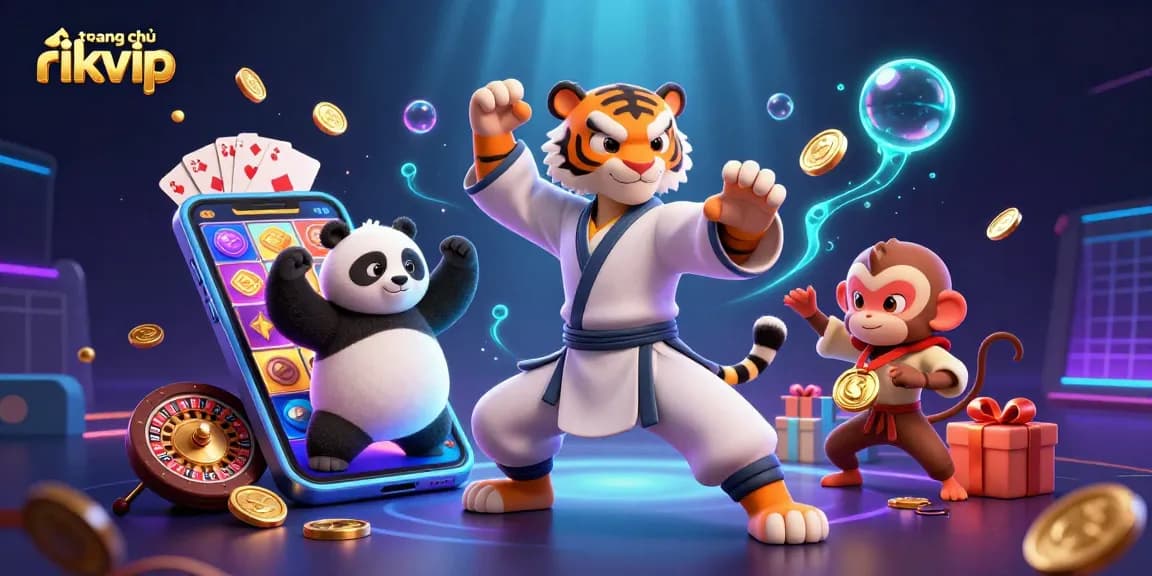 Engage with the vibrant scene of "trang chủ rikvip", showcasing a kung fu tiger and panda amid a colorful slot game.