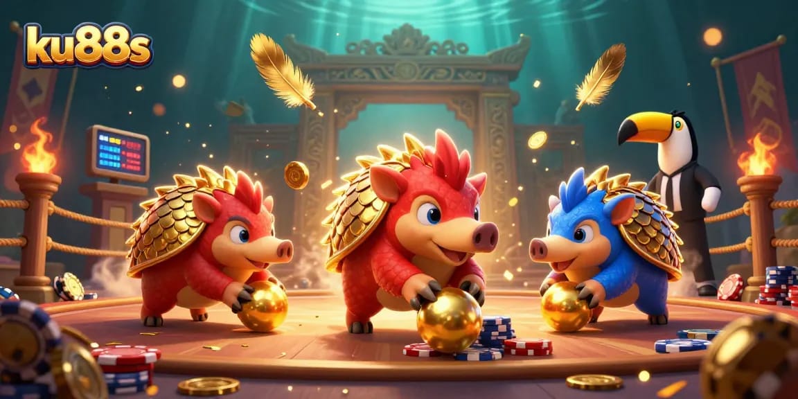 Engage in the vibrant ku88s casino action with playful pangolins bowling golden balls through poker chips.