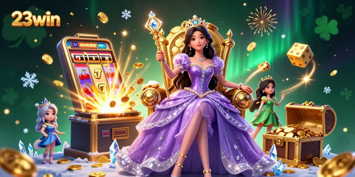 Experience the thrill at 23win with an explosion of casino gaming elements and vibrant illustrations.