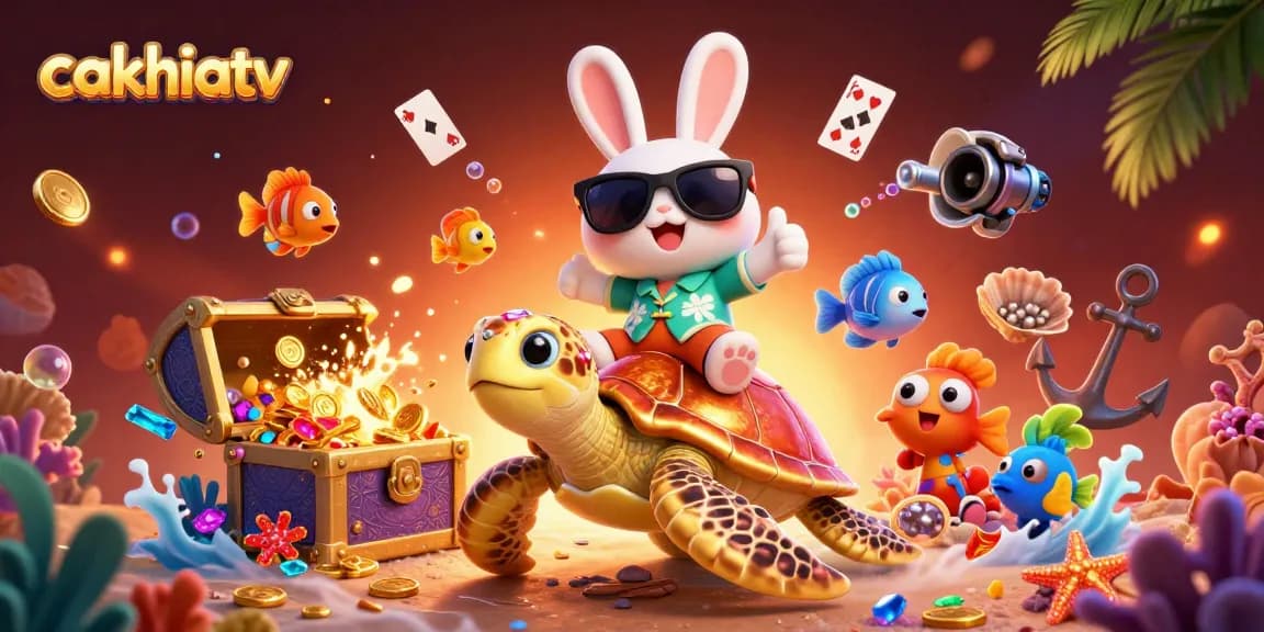 Cakhiatv showcases a playful 3D scene with a lucky rabbit and a golden sea turtle, bursting with underwater treasures