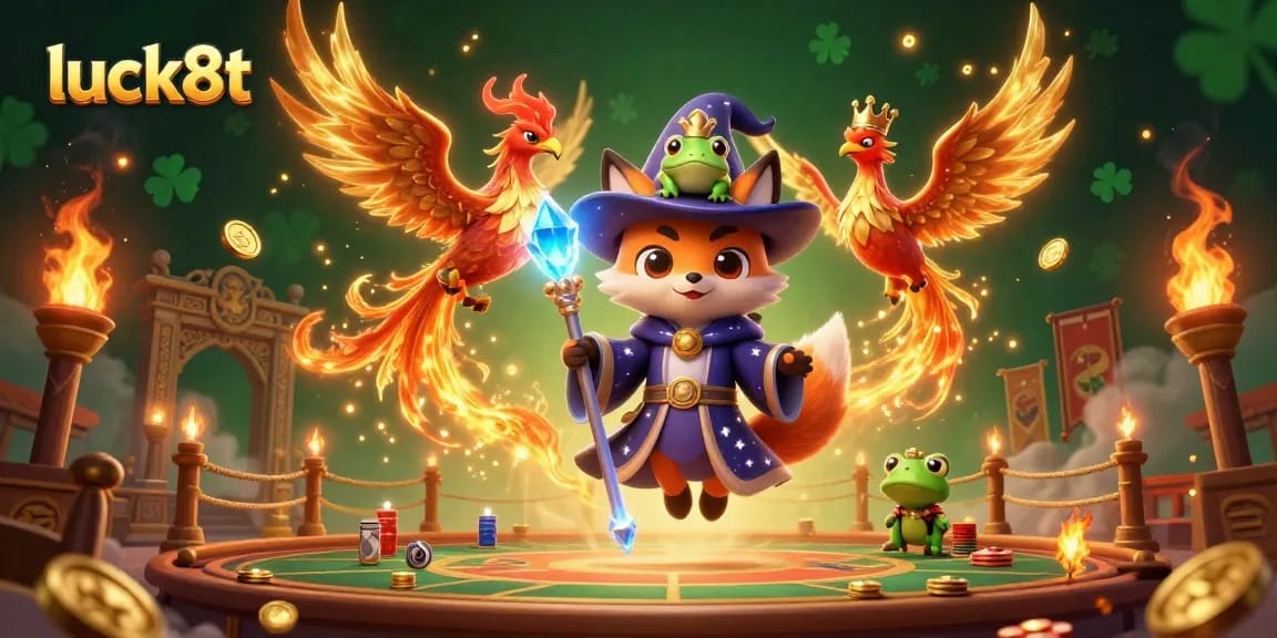 Engaging luck8t scene showcasing a whimsical wizard fox with a phoenix, gold coins and dramatic betting elements.
