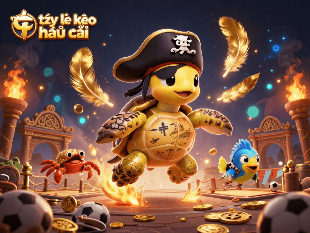 Engage with tỷ lệ kèo nhà cái as a colorful cartoon scene featuring a pirate turtle, hermit crab, and parrotfish amid sports betting elements.