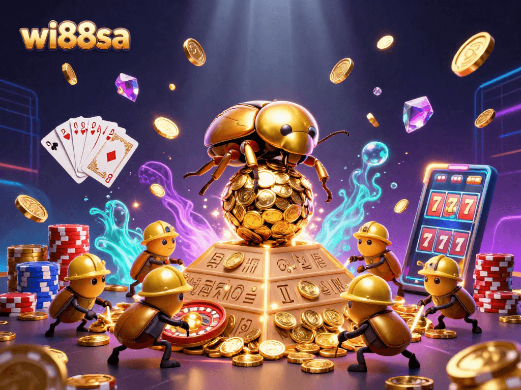 Experience thrilling wins at wi88sa with golden coins and dynamic casino elements in a vibrant scene.