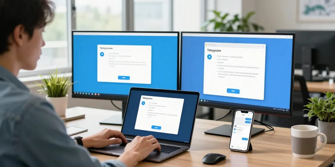 Configure Telegram中文 settings on laptop in a bright office.