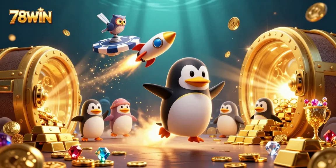 Experience the excitement of 78WIN as the golden penguin navigates thrilling casino realms, chasing jackpots.