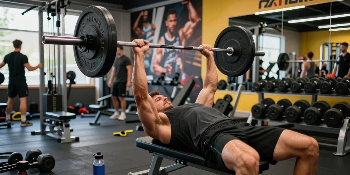 Präsentation eines kraftvollen Fitnessmoment im Anabolika Shop Deutschland mit einem Bodybuilder, der Gewichte auf einer Bankdrückstation in einer lebhaften Fitnessumgebung stemmt.