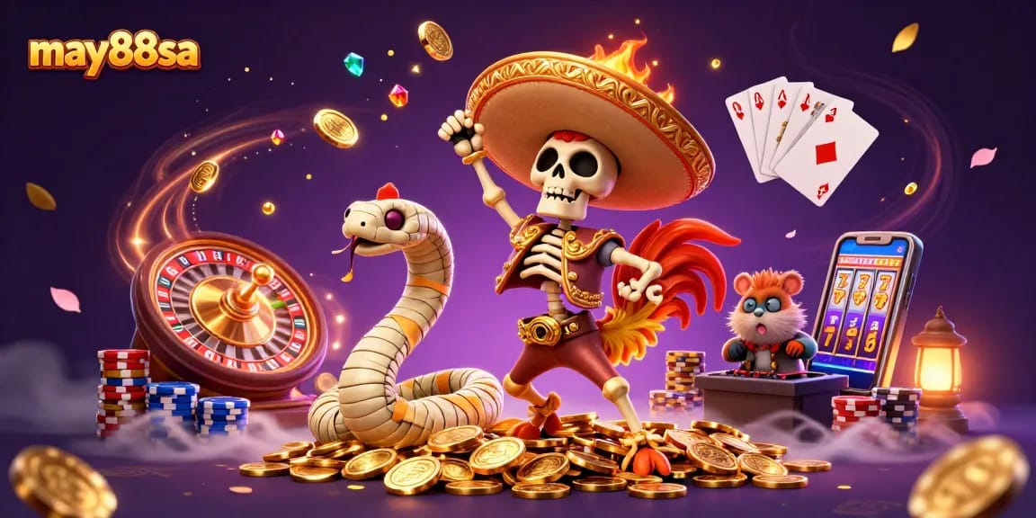 Experience the thrill at may88sa with a dynamic casino scene featuring vibrant characters and gaming elements.