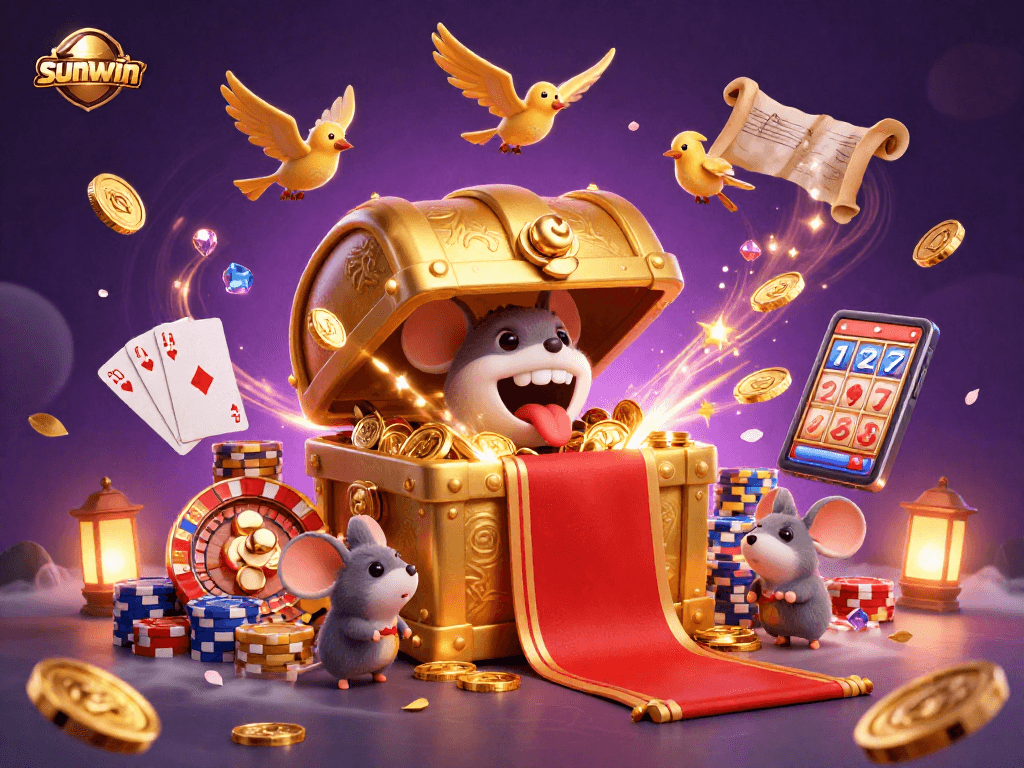 Engage in thrilling adventures at Sunwin with a dazzling treasure chest and casino excitement.