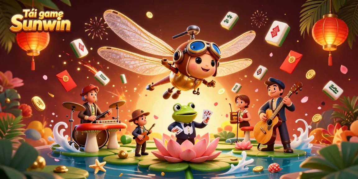 Tải game Sunwin with dynamic 3D characters and rich casino elements in an engaging illustration.
