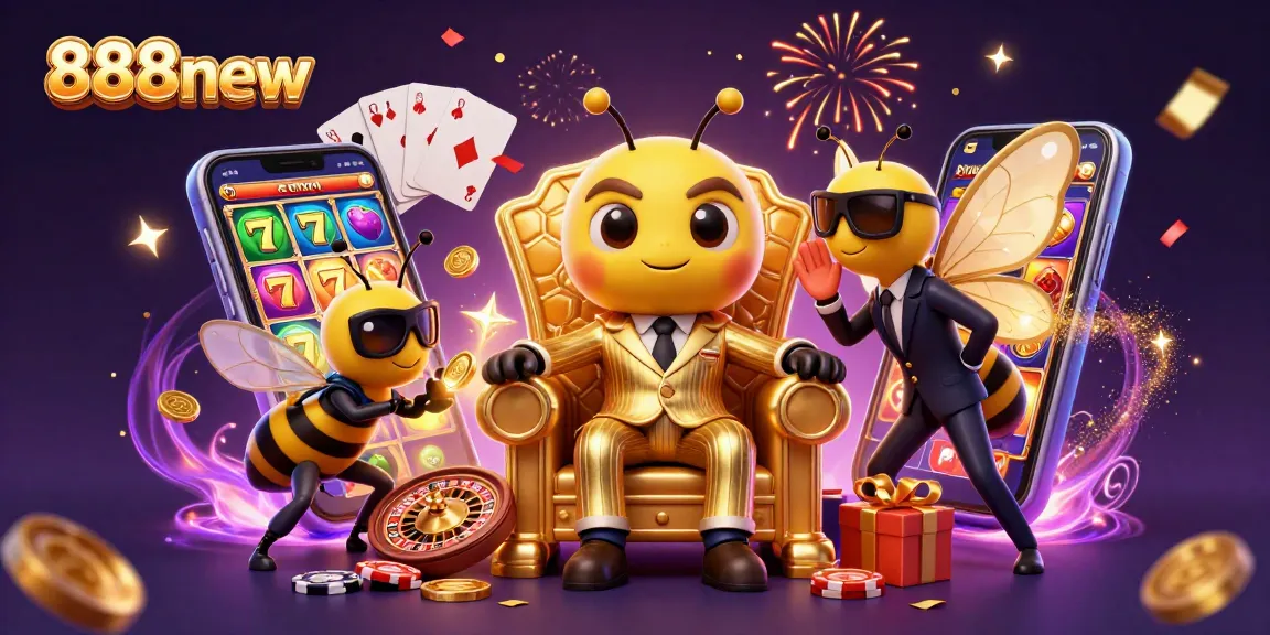 Engage with 888new's vibrant casino scene featuring a mob boss bee, dynamic gaming elements, and festive effects.
