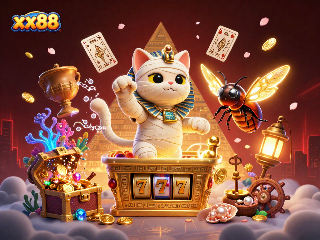 Experience the excitement of xx88 with a vibrant scene featuring a mummy cat and casino elements.