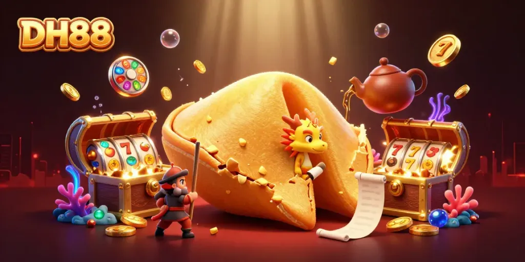 Engage with thrilling casino adventures featuring DH88's 3D golden fortune cookie and dynamic slot elements.