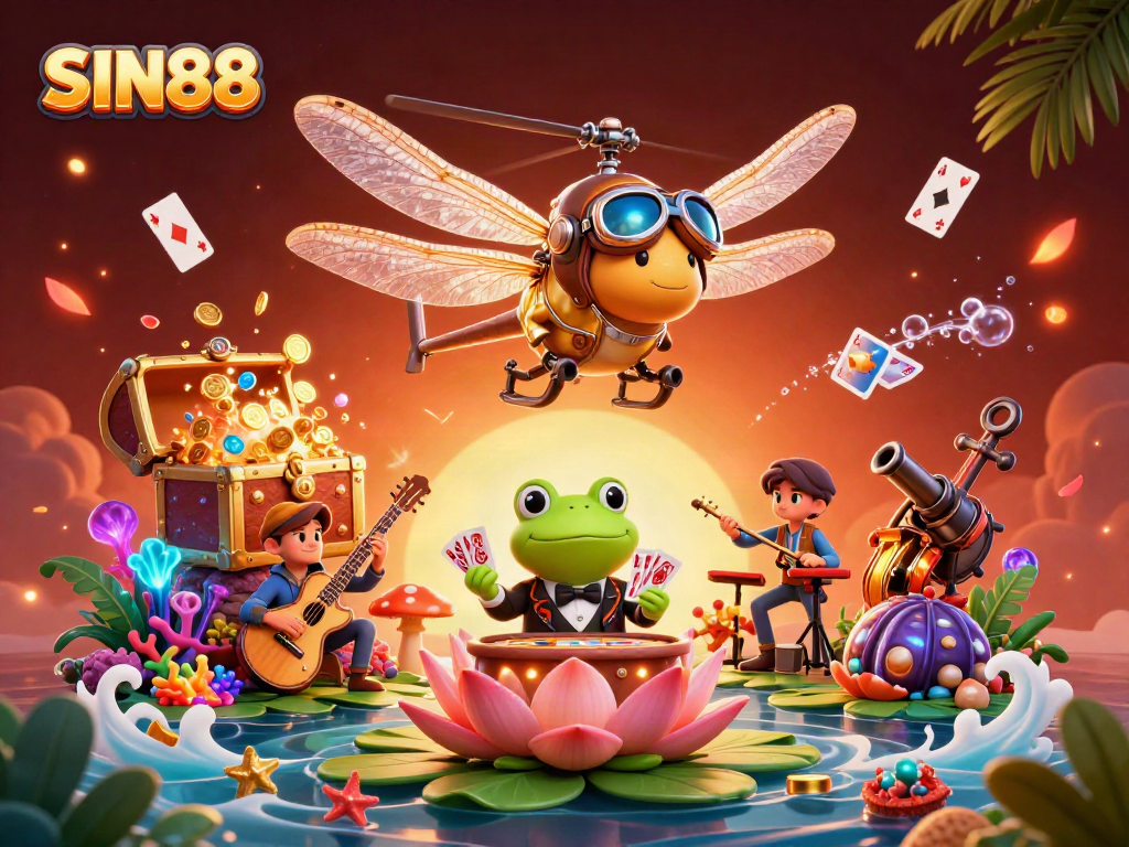 SIN88 showcases a dragonfly pilot at a lily pad casino, vibrant underwater treasures and colorful characters.