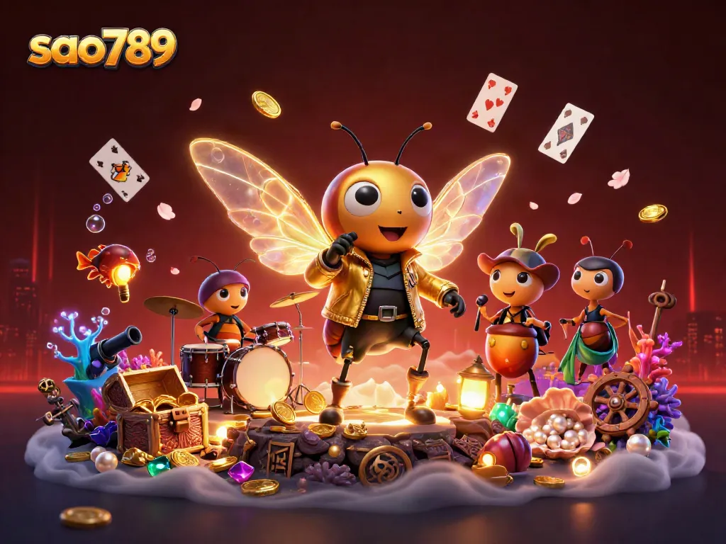 Sao789's vibrant casino universe features a cicada rock star and dynamic game elements in vivid action.