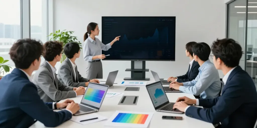 Reunión profesional en la moderna oficina de BBVA donde un equipo presenta análisis financieros.