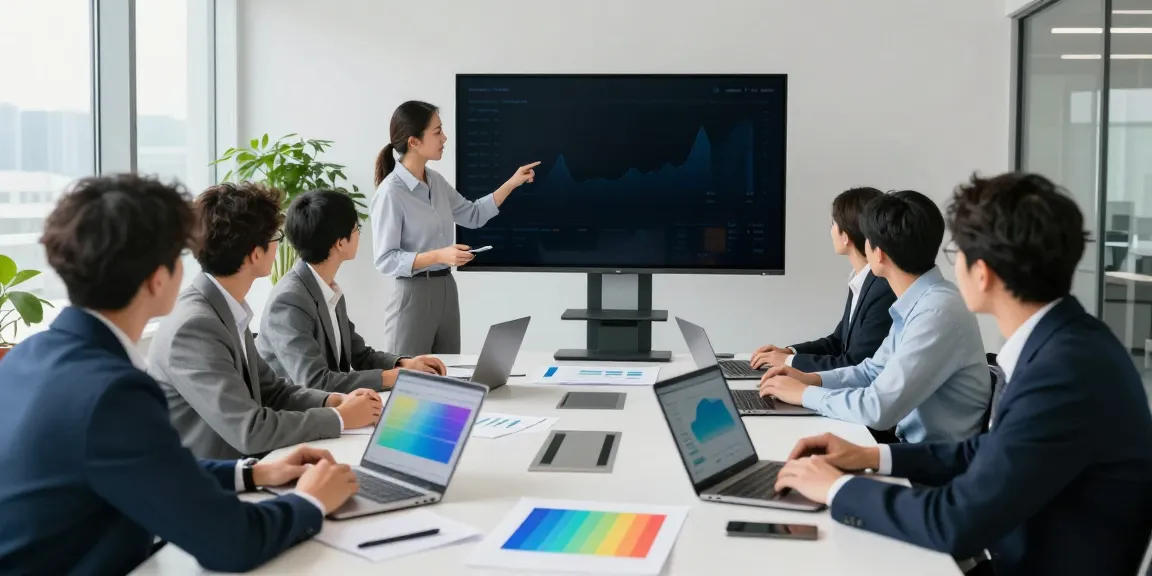 Reunión profesional en la moderna oficina de BBVA donde un equipo presenta análisis financieros.