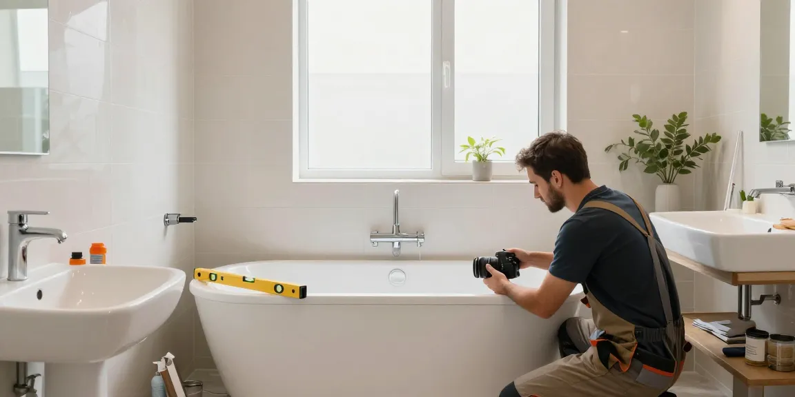 Moderne Badsanierung Augsburg mit Facharbeiter, der neue Sanitäranlagen installiert.