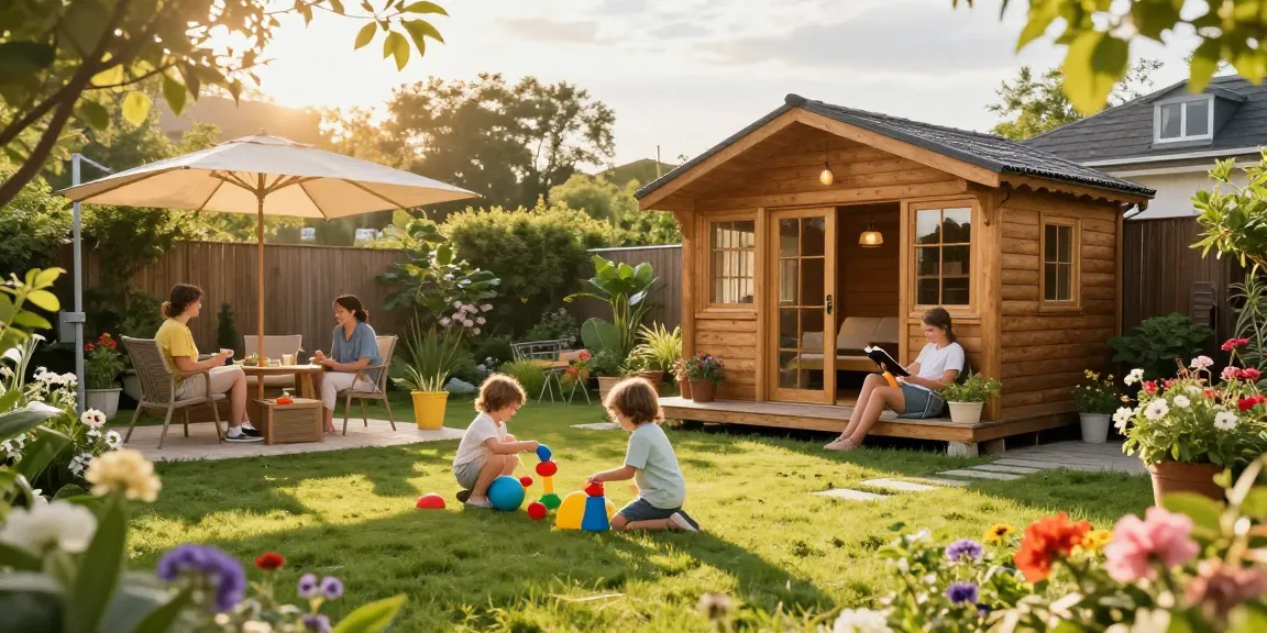 Familie entspannt sich vor ihrem neuen Gartenhaus im farbenfrohen Garten mit blühenden Pflanzen.