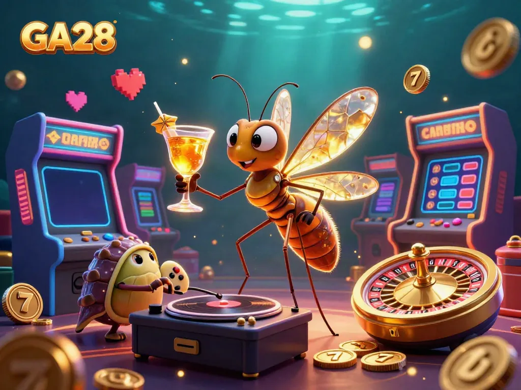 Spin and win with GA28 in a dynamic casino scene featuring unique characters and gaming elements.