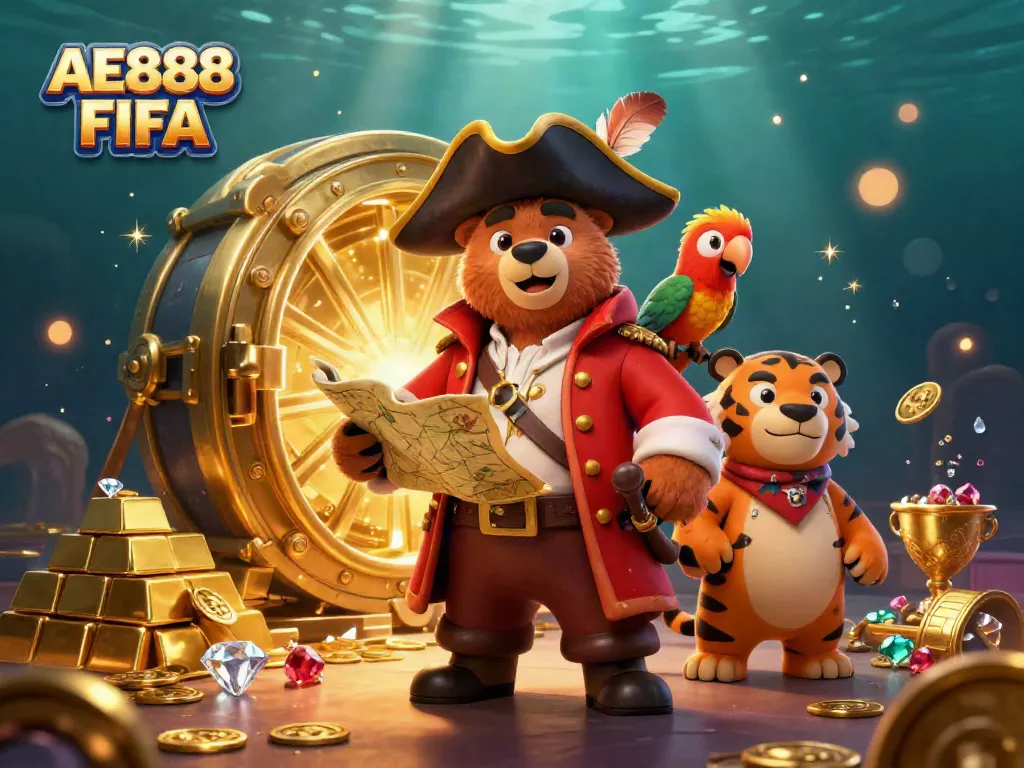 Engage with AE888 FIFA through a vibrant underwater-themed casino adventure featuring a pirate bear, tiger, and treasures.