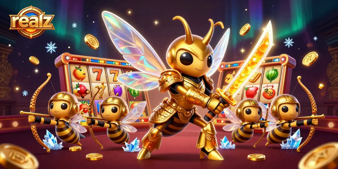 Win big at realz casino with a dynamic scene of a golden hornet in action surrounded by slot elements.