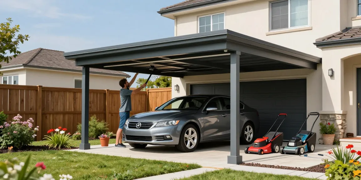 Stylischer Carport schützt das Auto vor Sonnenlicht in einem gepflegten Garten.