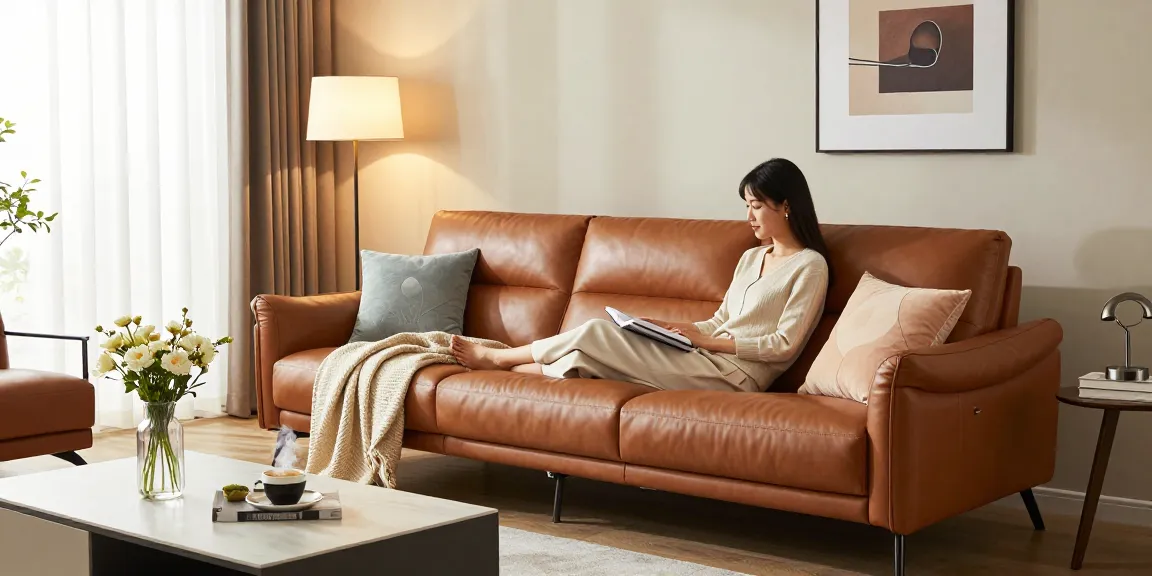 Baxter Sofa Händler Deutschland zeigt luxuriöse Ledersitze in einem stilvollen Wohnzimmer, während eine Frau einen gemütlichen Lesemoment genießt.