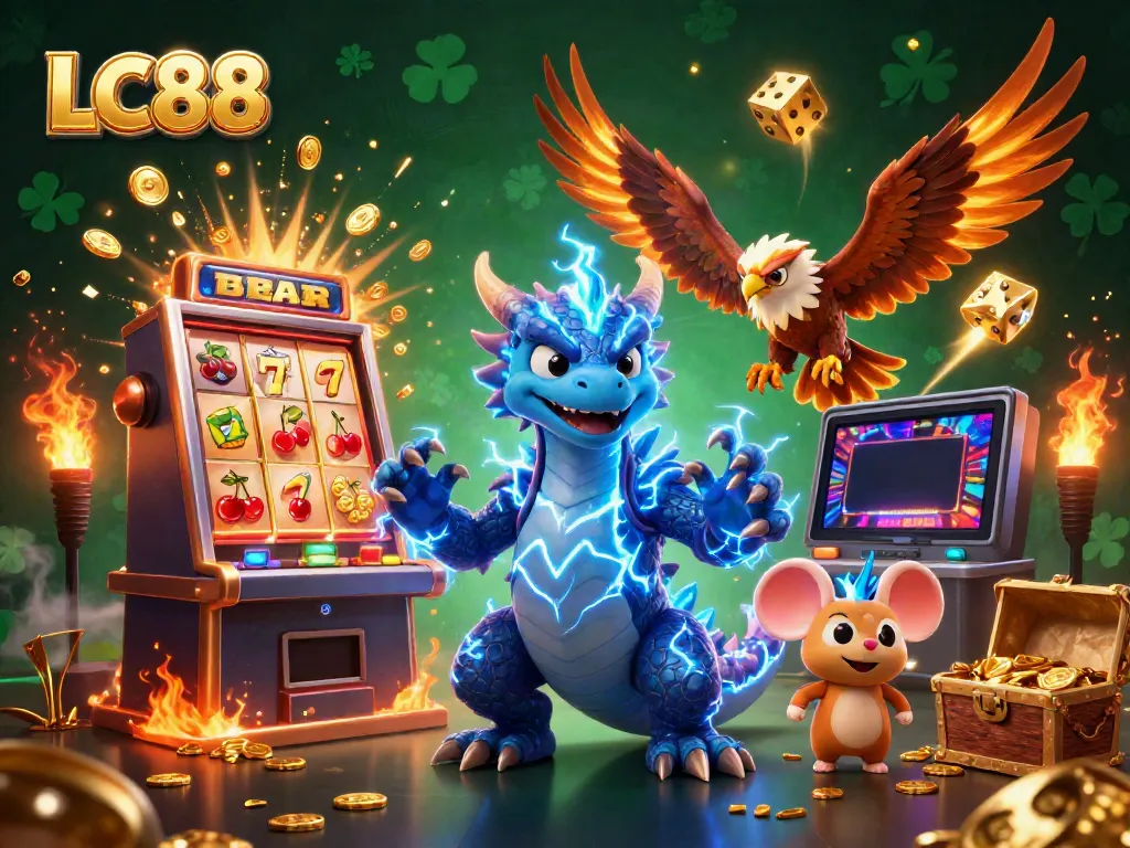 Spin the reels at LC88 with an electrifying 3D dragon and jackpot symbols in a dynamic casino scene.