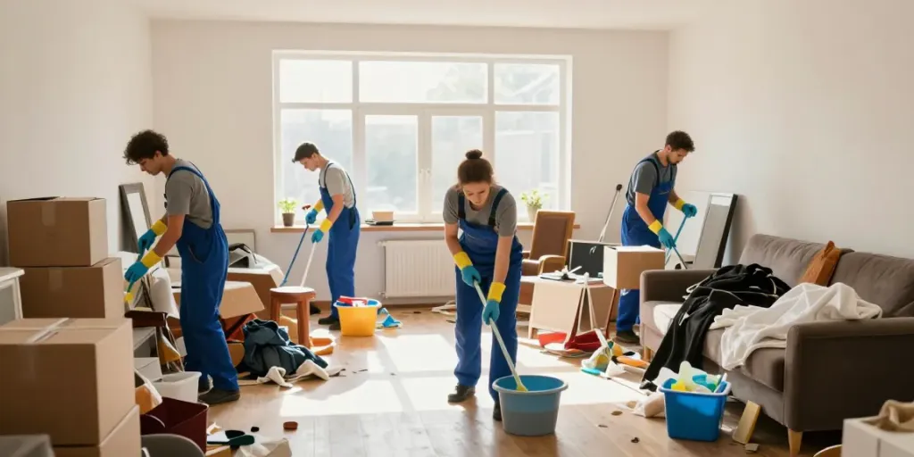 Messie-Räumung Wien durch professionelle Crew in unordentlicher Wohnung mit Lichtstrahlen.