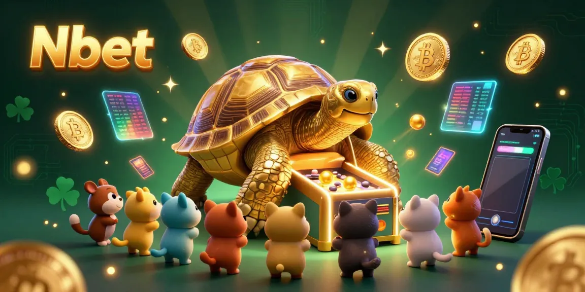 Nbet showcases an exciting 3D casino-themed illustration with a golden tortoise and crypto elements, highlighting gaming energy.