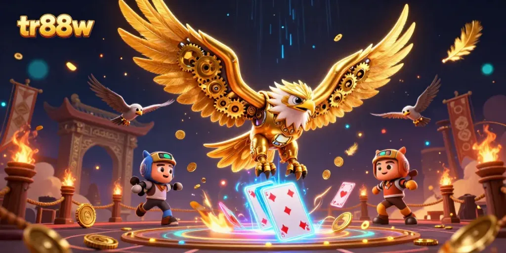 tr88w engages with dynamic casino elements in a vivid 3D illustration showcasing betting excitement.