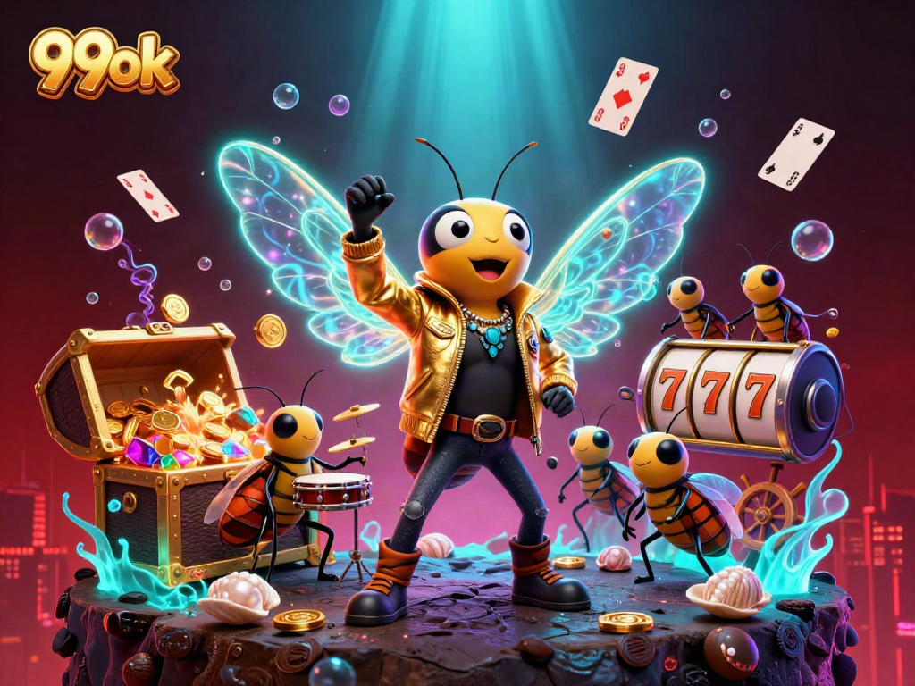Exciting 99ok casino illustration with a rock star cicada, floating playing cards, and vibrant casino elements.