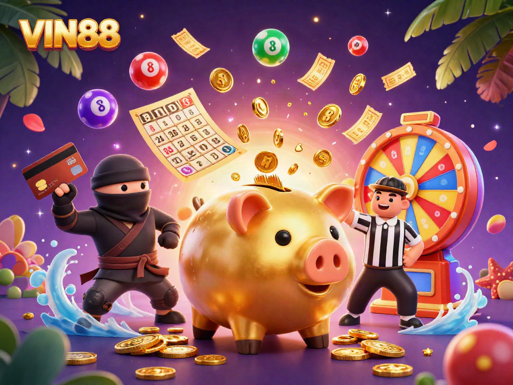 Engage in exciting gaming with VIN88's vibrant atmosphere featuring enthusiastic characters and dynamic elements.