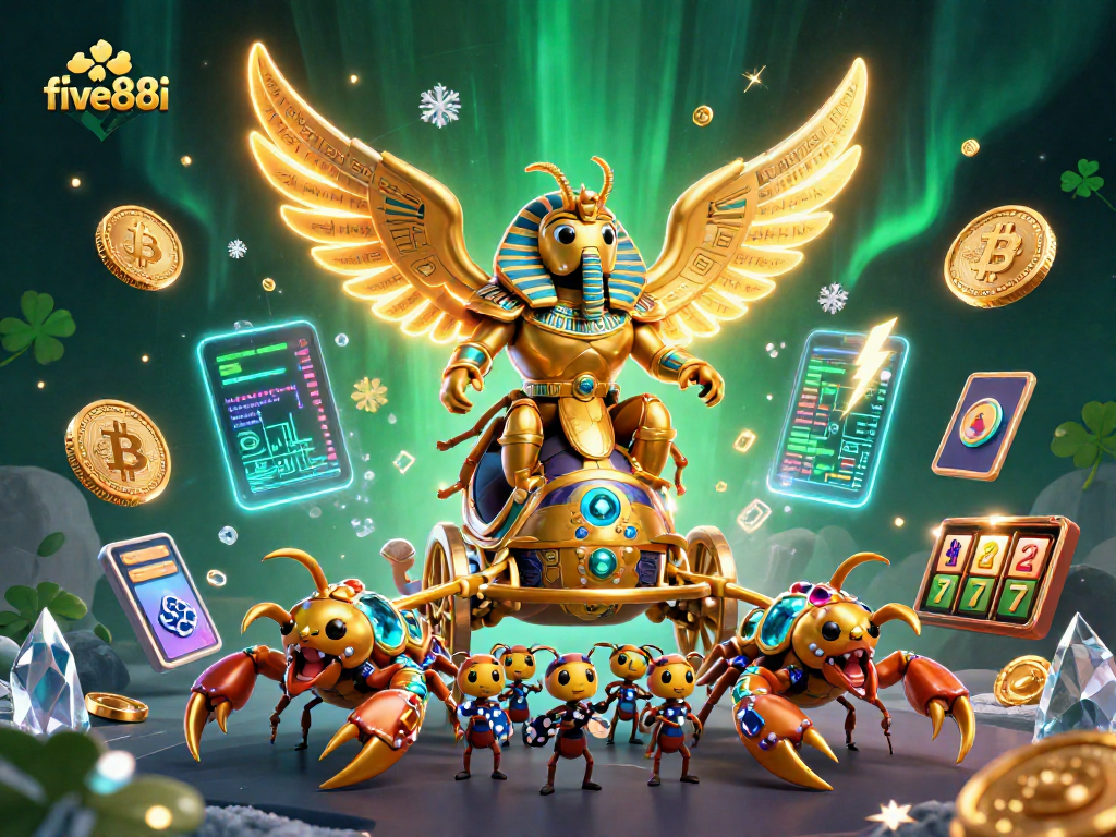 Engage with five88i's casino adventures featuring a golden scarab in a 3D illustration of luck and fortune.
