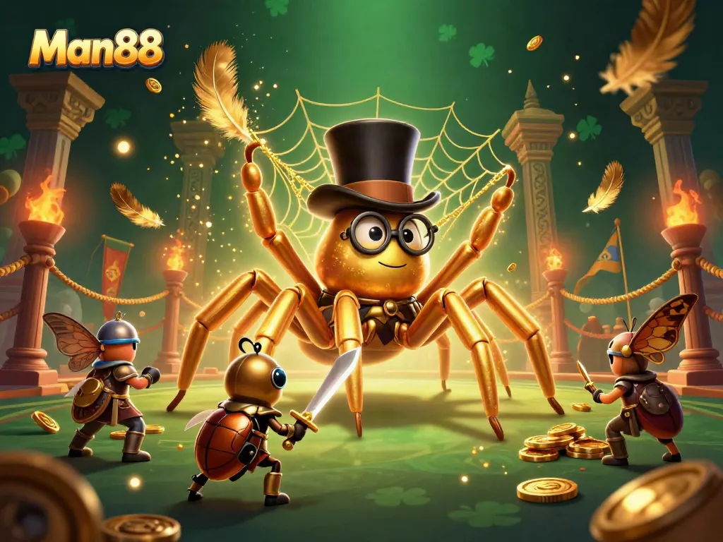 Experience Man88's thrilling gaming scene with a golden tarantula and beetle knight in action.