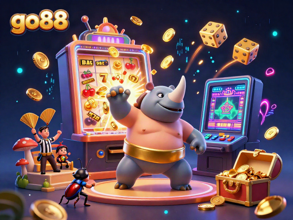 Experience thrilling gameplay at go88 with a dynamic scene of a cartoon rhinoceros beetle champion, coins flying and casino elements exploding.
