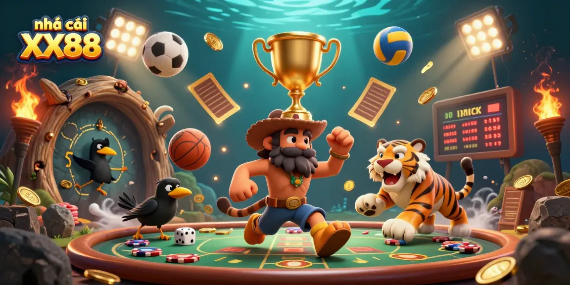 Engage in thrilling gaming at nhà cái XX88 with a vibrant 3D prehistoric casino scene featuring dynamic characters and sports elements.
