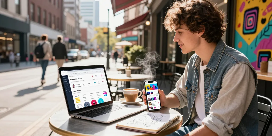 Instagram Likes kaufen: Influencer analysiert Engagement-Daten im urbanen Café.