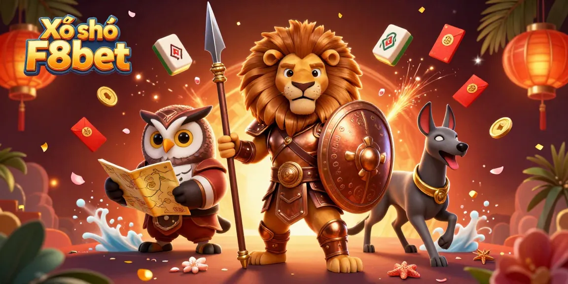Xổ số F8bet features vibrant 3D characters amidst rich lottery elements elevating gaming excitement.