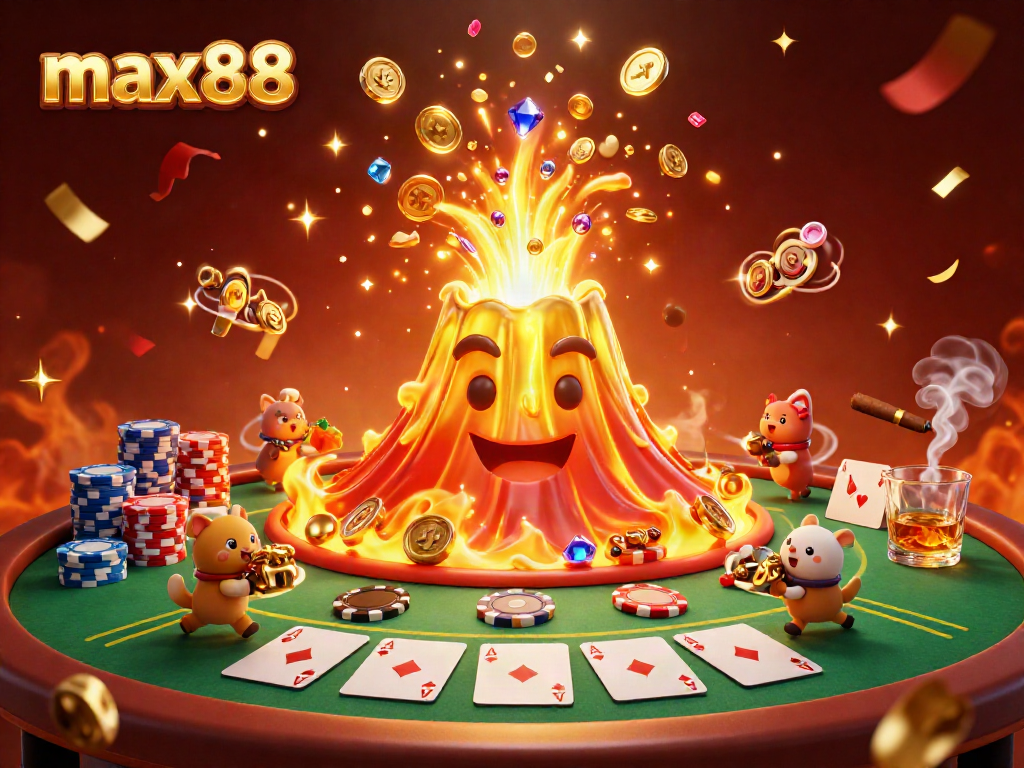 Experience the excitement of max88 with a triumphant golden volcano erupting treasure amidst a vibrant casino scene.