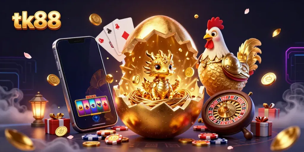 Engage in thrilling gameplay with tk88's dynamic 3D casino scene showcasing a golden dragon and vibrant slot games.
