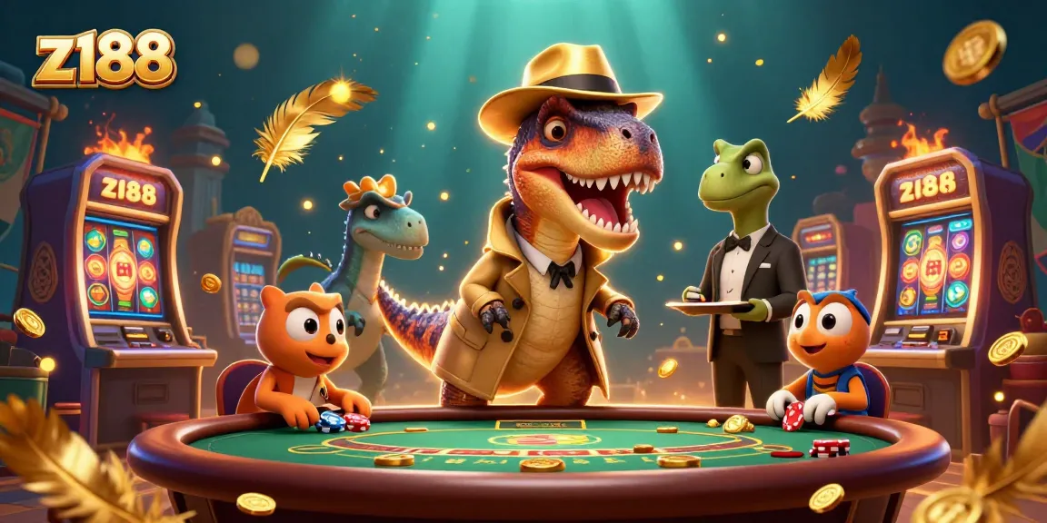 Experience z188's thrilling blackjack action with a velociraptor card counter and stegosaurus pit boss in a vibrant 3D casino.