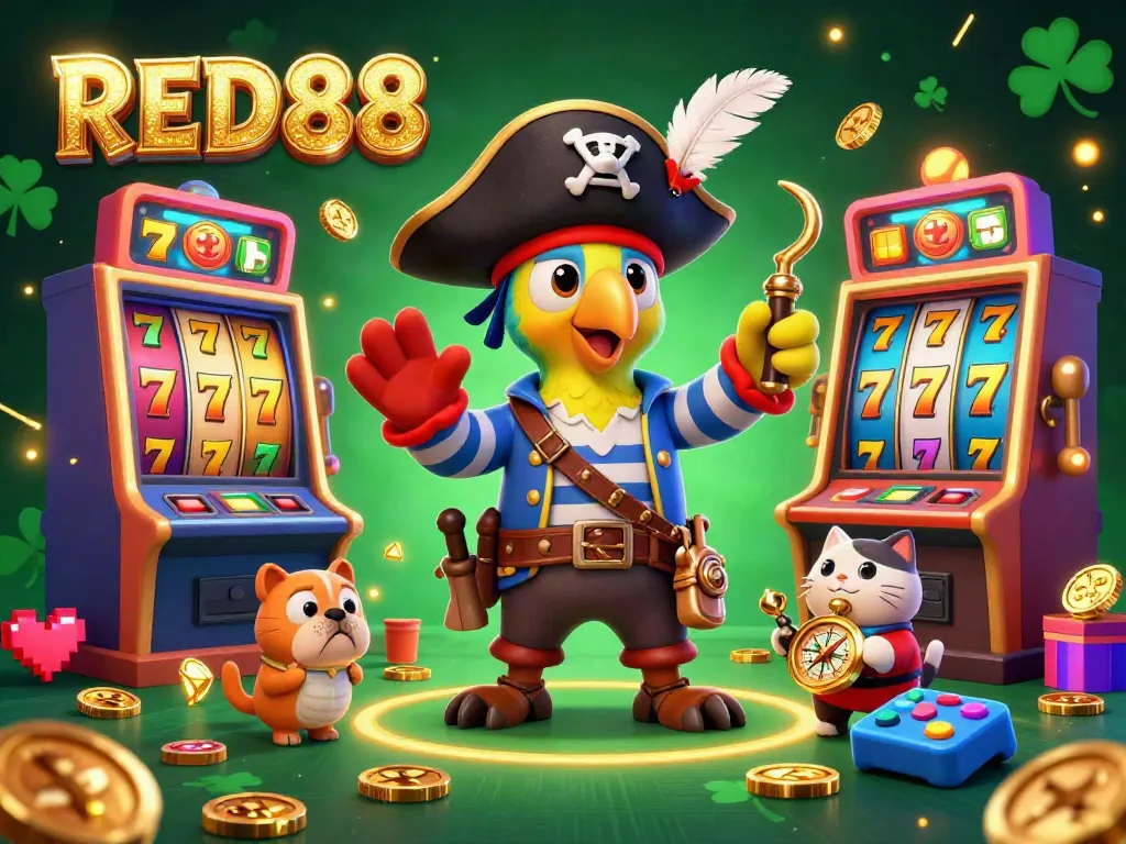 Experience the thrill of RED88 casino with exclusive slot machines and engaging characters in a rich 3D scene.