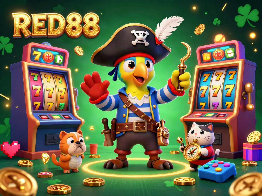 Experience the thrill of RED88 casino with exclusive slot machines and engaging characters in a rich 3D scene.