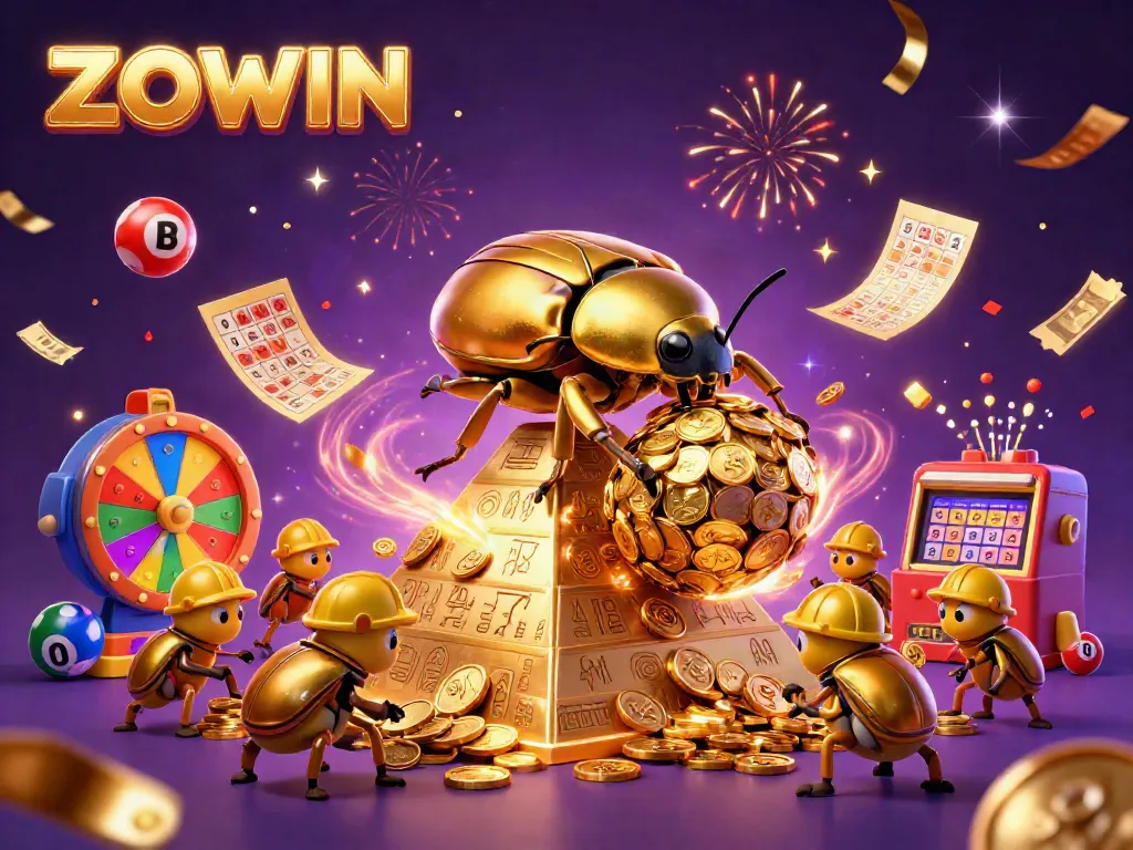 ZOWIN showcases an exciting scene with a golden beetle, coins, and vibrant lottery elements.