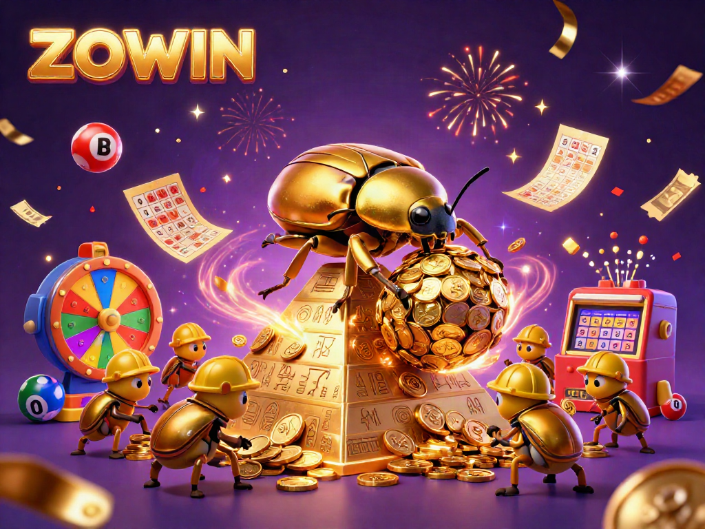 ZOWIN showcases an exciting scene with a golden beetle, coins, and vibrant lottery elements.