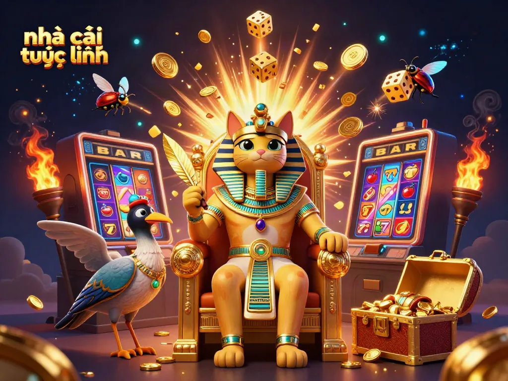 Experience the excitement at nhà cái trực tuyến with a vibrant casino scene featuring Egyptian-themed characters and slot action.