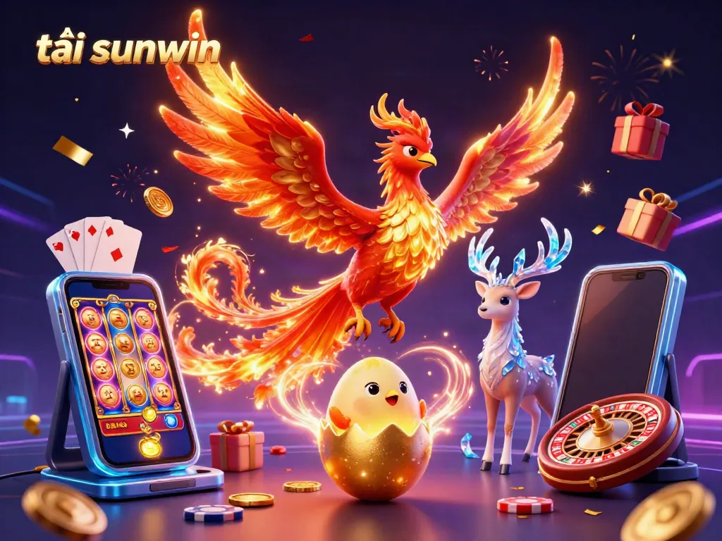 Experience the excitement with tải sunwin as a fire phoenix soars above vibrant gambling elements in this dynamic 3D illustration.