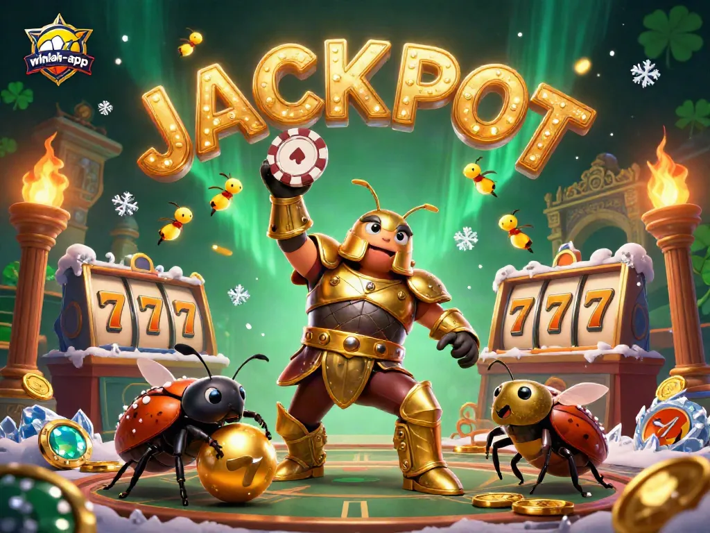 Spin the jackpot with winlah-app, where a victorious beetle celebrates in a vibrant casino!