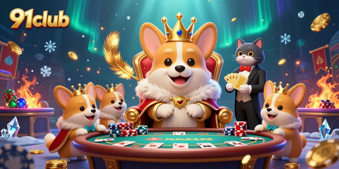 Experience the vibrant energy of the 91club with a royal corgi, colorful casino elements, and thrilling gaming action.